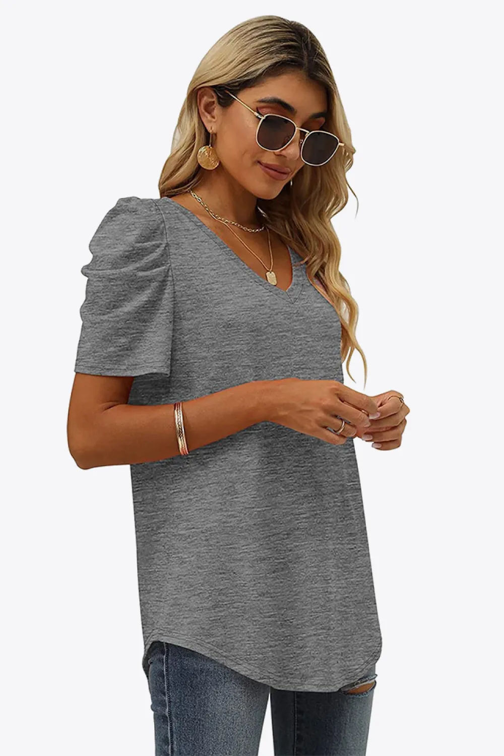 V-Neck Puff Sleeve Tee, image 4