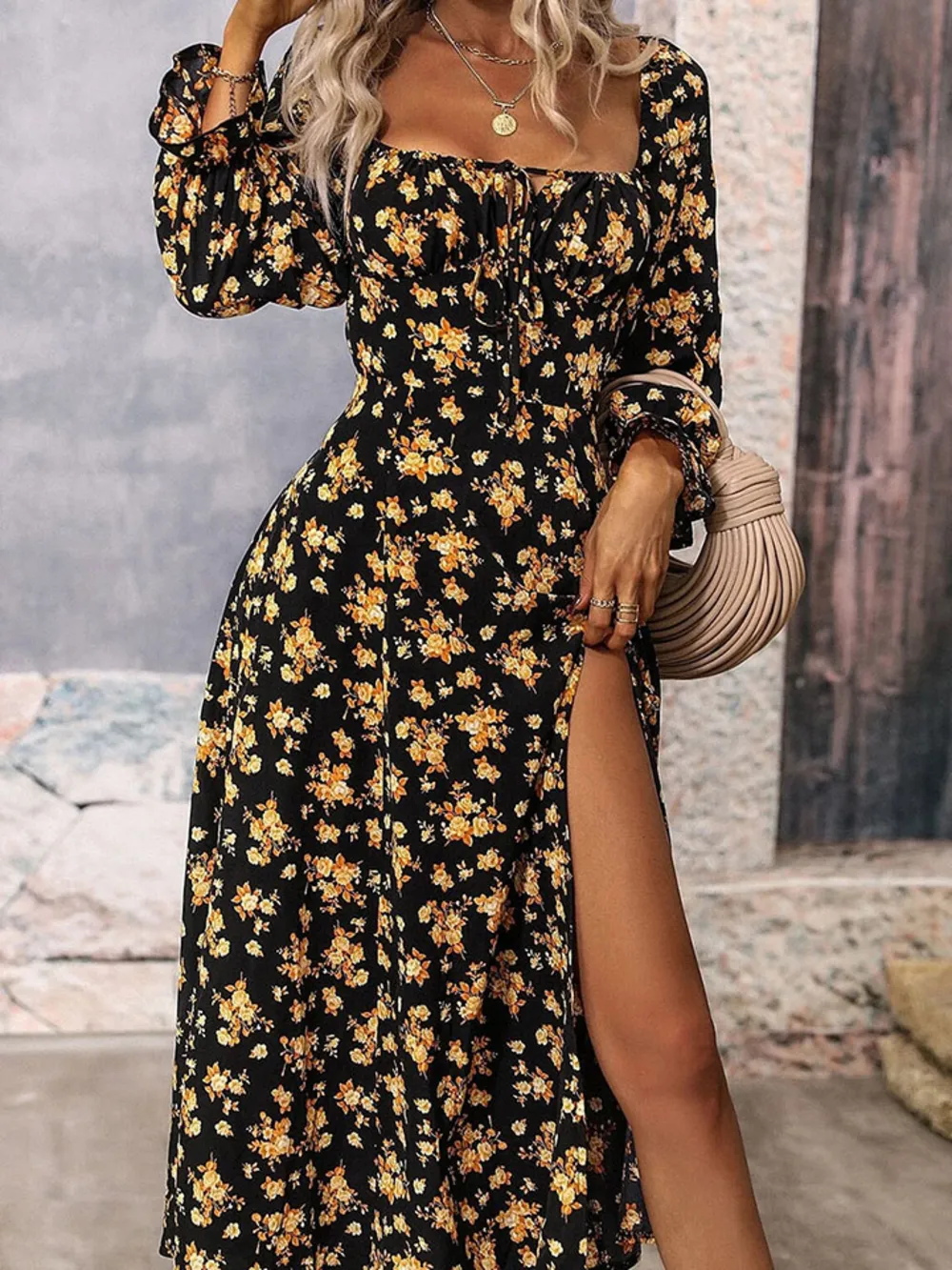 Square Neck Printed Slit Dress, image 4