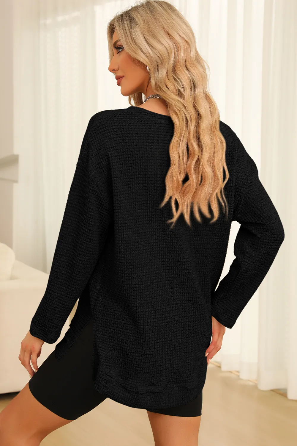 Waffle-Knit Round Neck Long Sleeve Sweatshirt, image 20