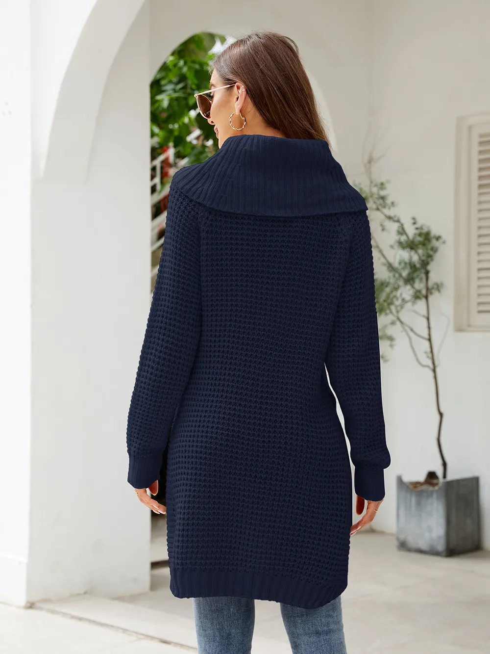 Turtleneck Waffle-Knit Slit Sweater Dress, image 6
