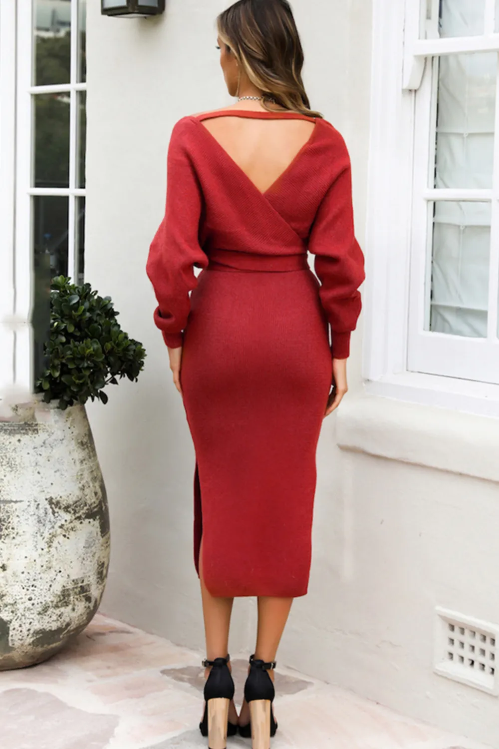 Surplice Neck Bow Waist Slit Sweater Dress, image 4