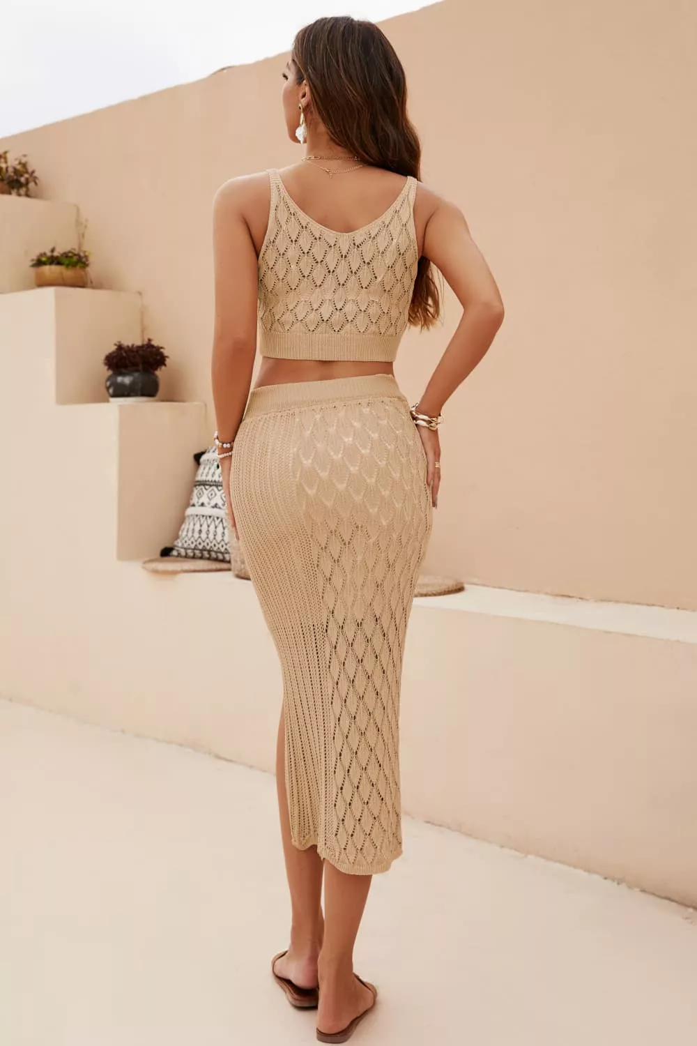 Openwork Cropped Tank and Split Skirt Set, image 3