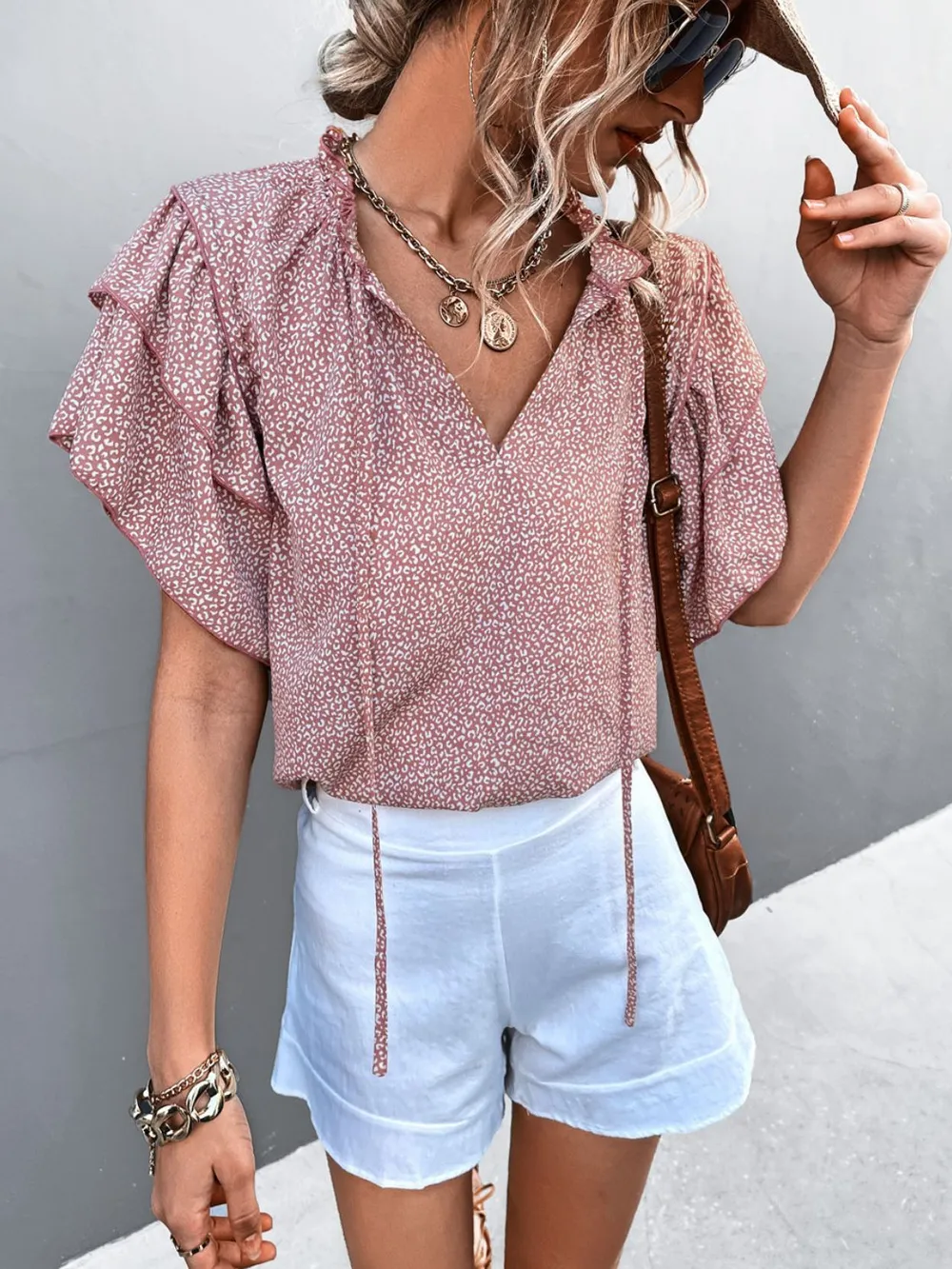 Printed Flutter Sleeve V-Neck Top, image 7