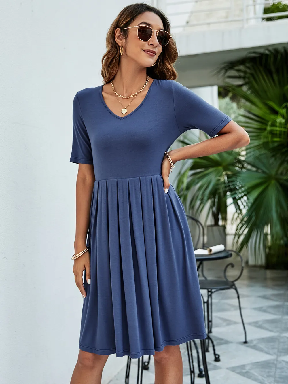 Pleated V-Neck Short Sleeve Tee Dress, image 15