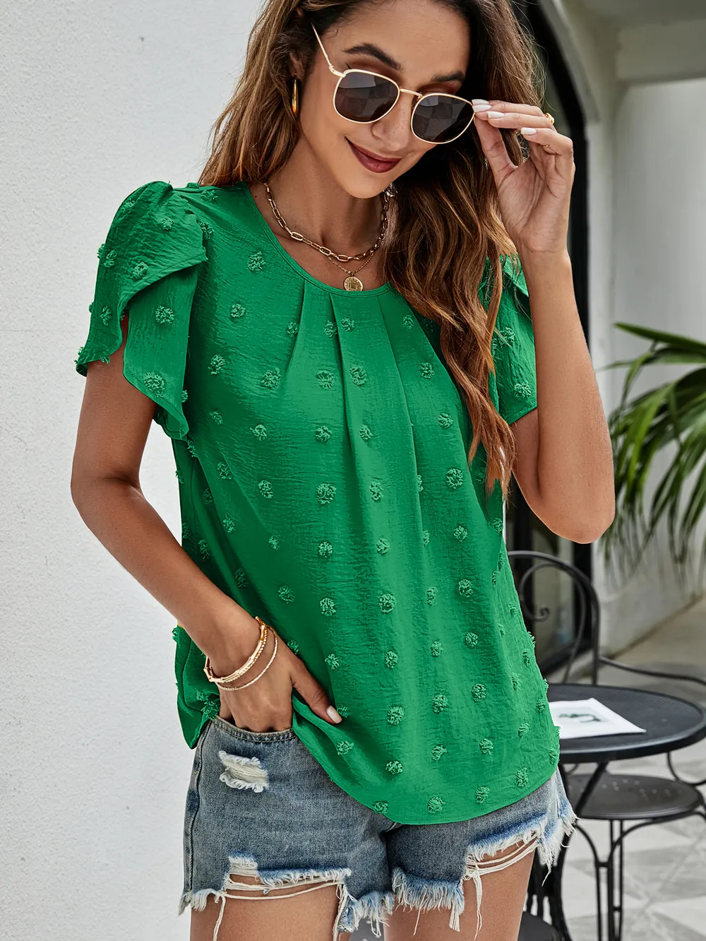 Swiss Dot Round Neck Petal Sleeve Top, image 26