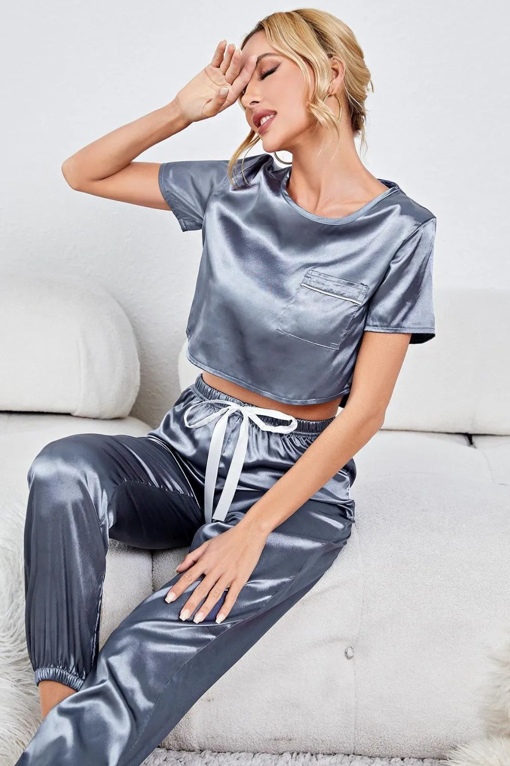 Satin Short Sleeve Crop Top and Joggers Lounge Set, image 4