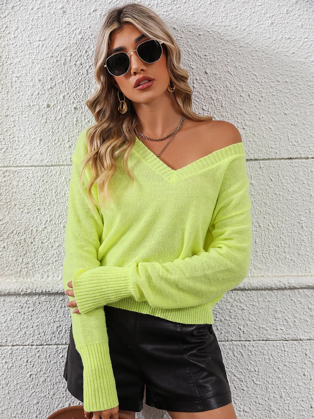 V-Neck Dropped Shoulder Long Sleeve Knit Top, image 6