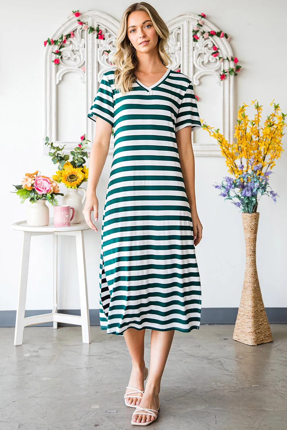 Striped V-Neck Short Sleeve Side Slit Dress, image 11