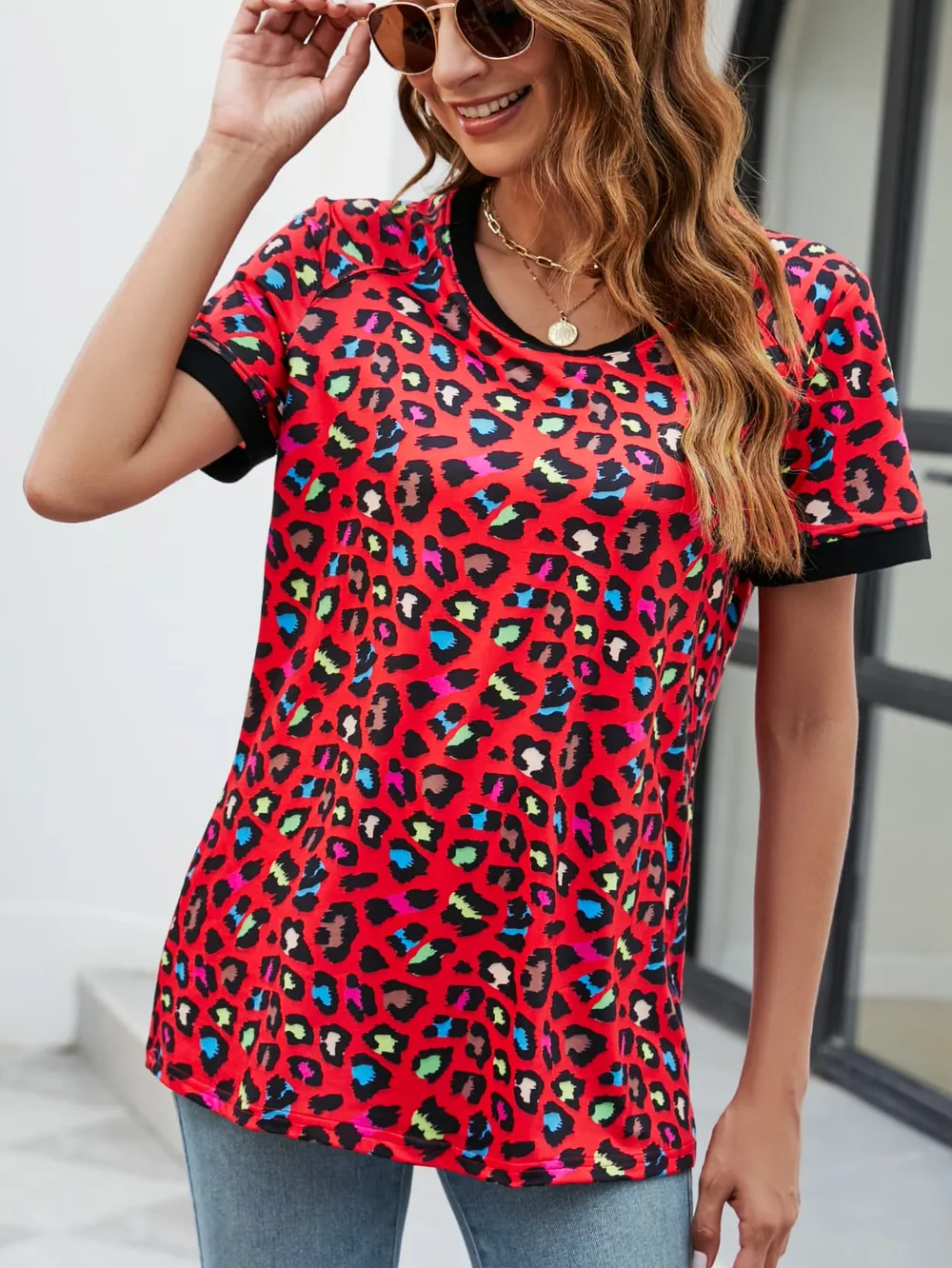 Leopard Round Neck Short Sleeve Tee Shirt, image 2