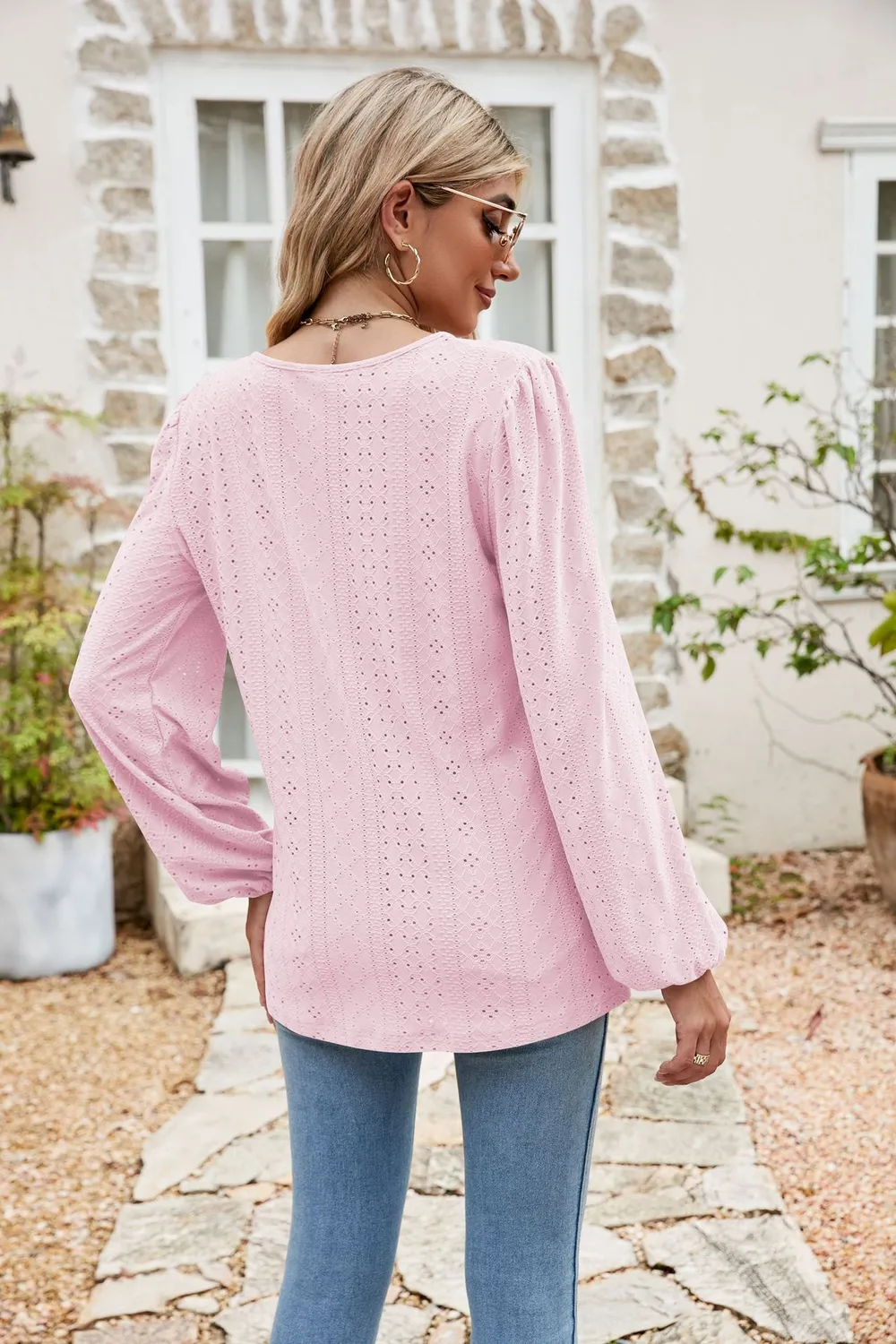 Eyelet Notched Neck Balloon Sleeve Blouse, image 15
