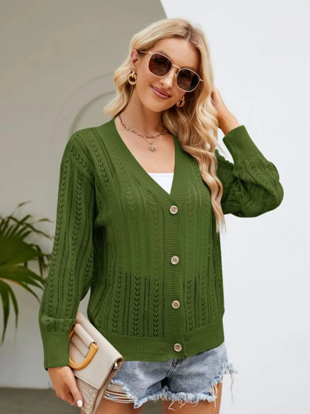 Button Down Ribbed Trim Cardigan, image 8