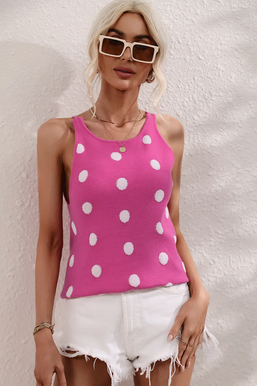 Polka Dot Round Neck Knit Tank, image 2