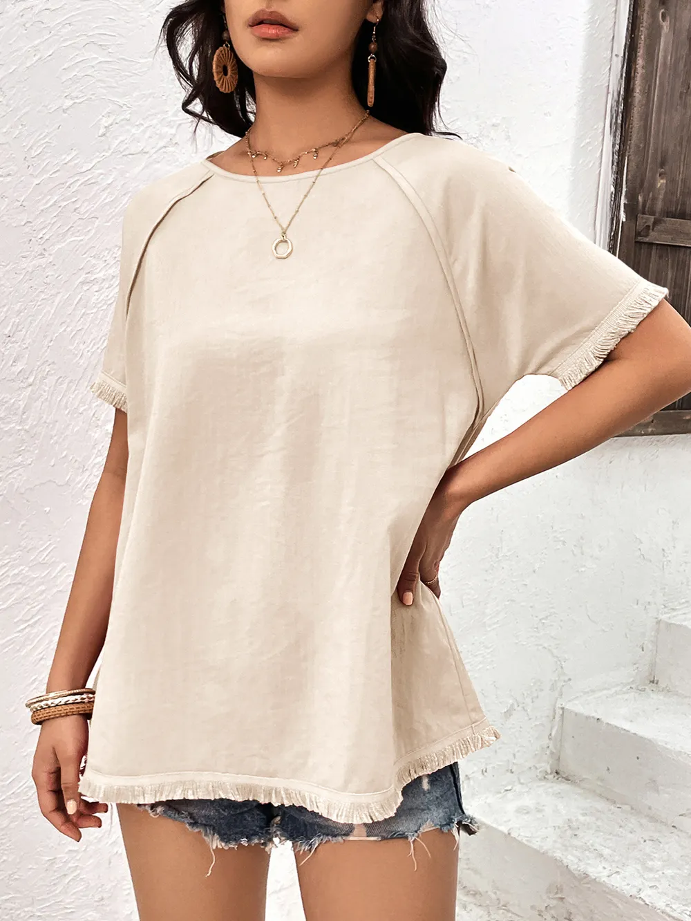 Round Neck Raglan Sleeve Fringe Detail Top, image 8