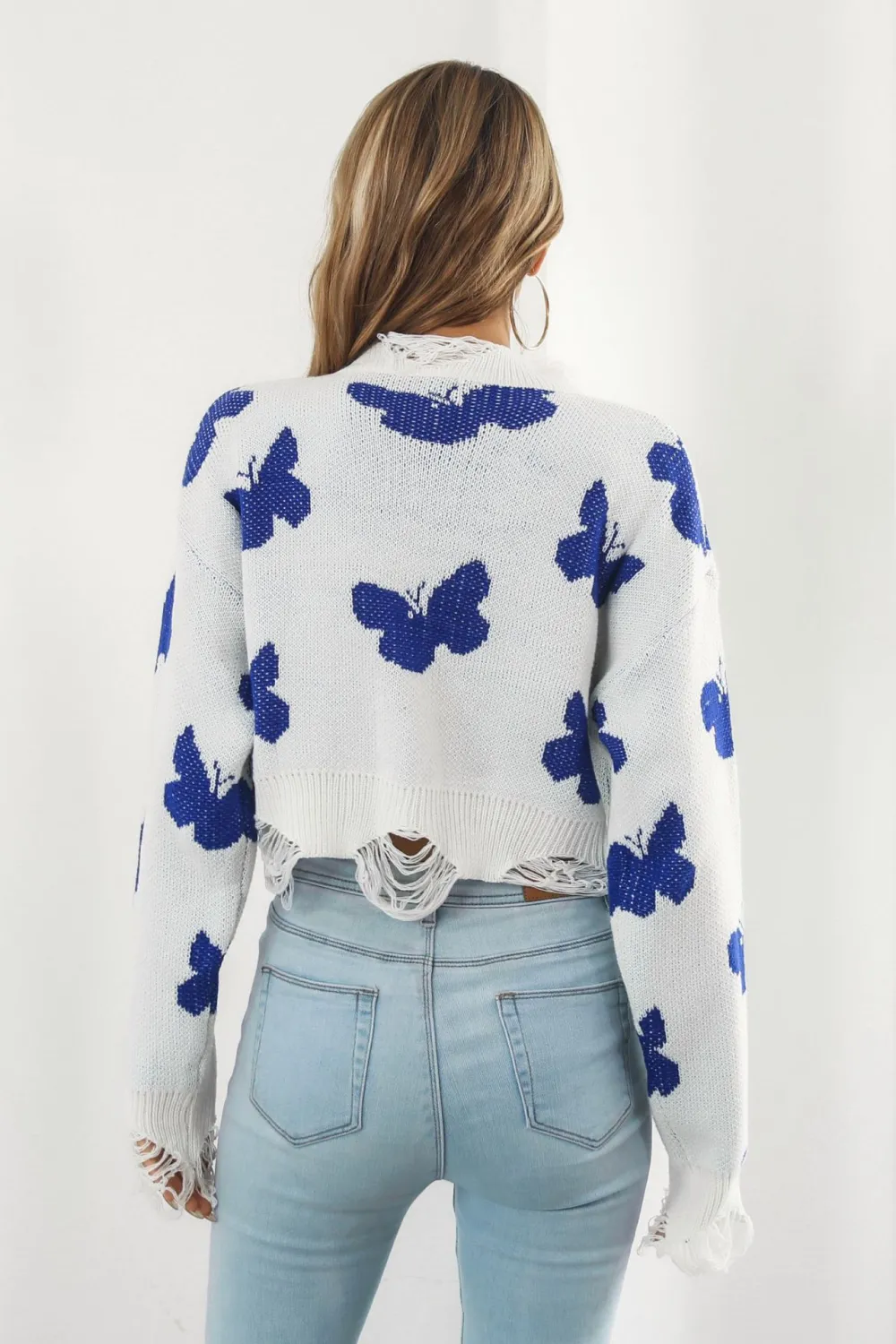 Printed Round Neck Ribbed Long Sleeve Sweater, image 4