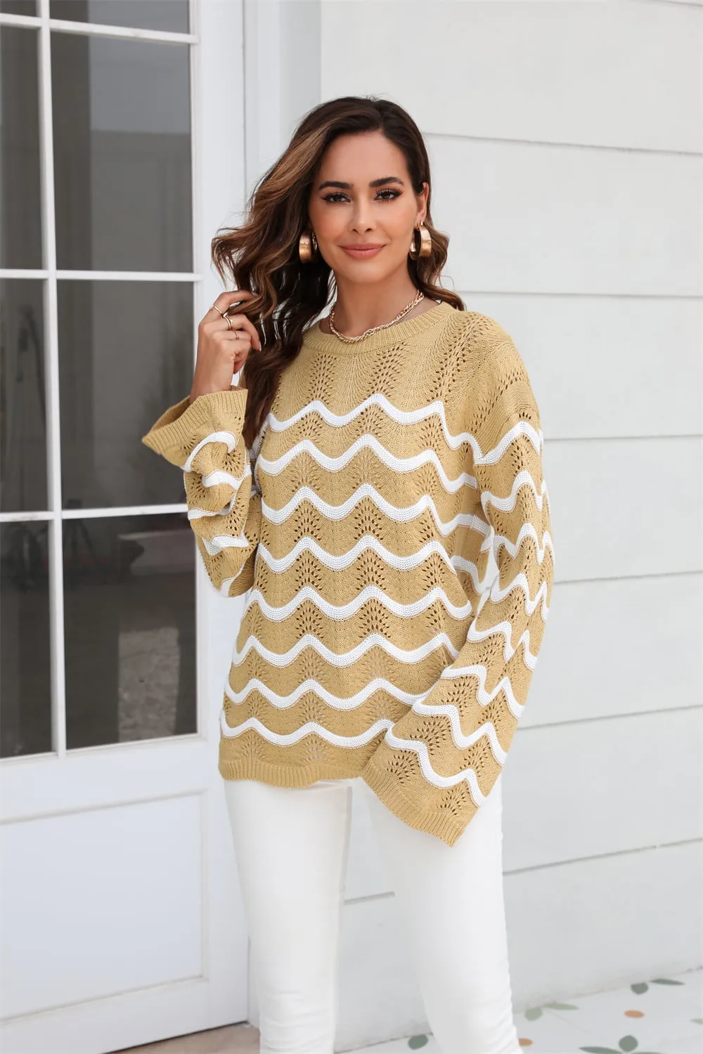 Wave Pattern Round Neck Long Sleeve Sweater, image 6