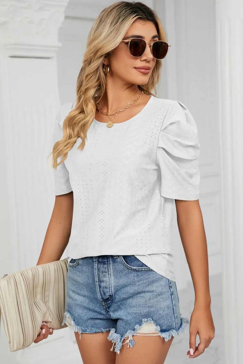 Eyelet Puff Sleeve Round Neck Blouse, image 21