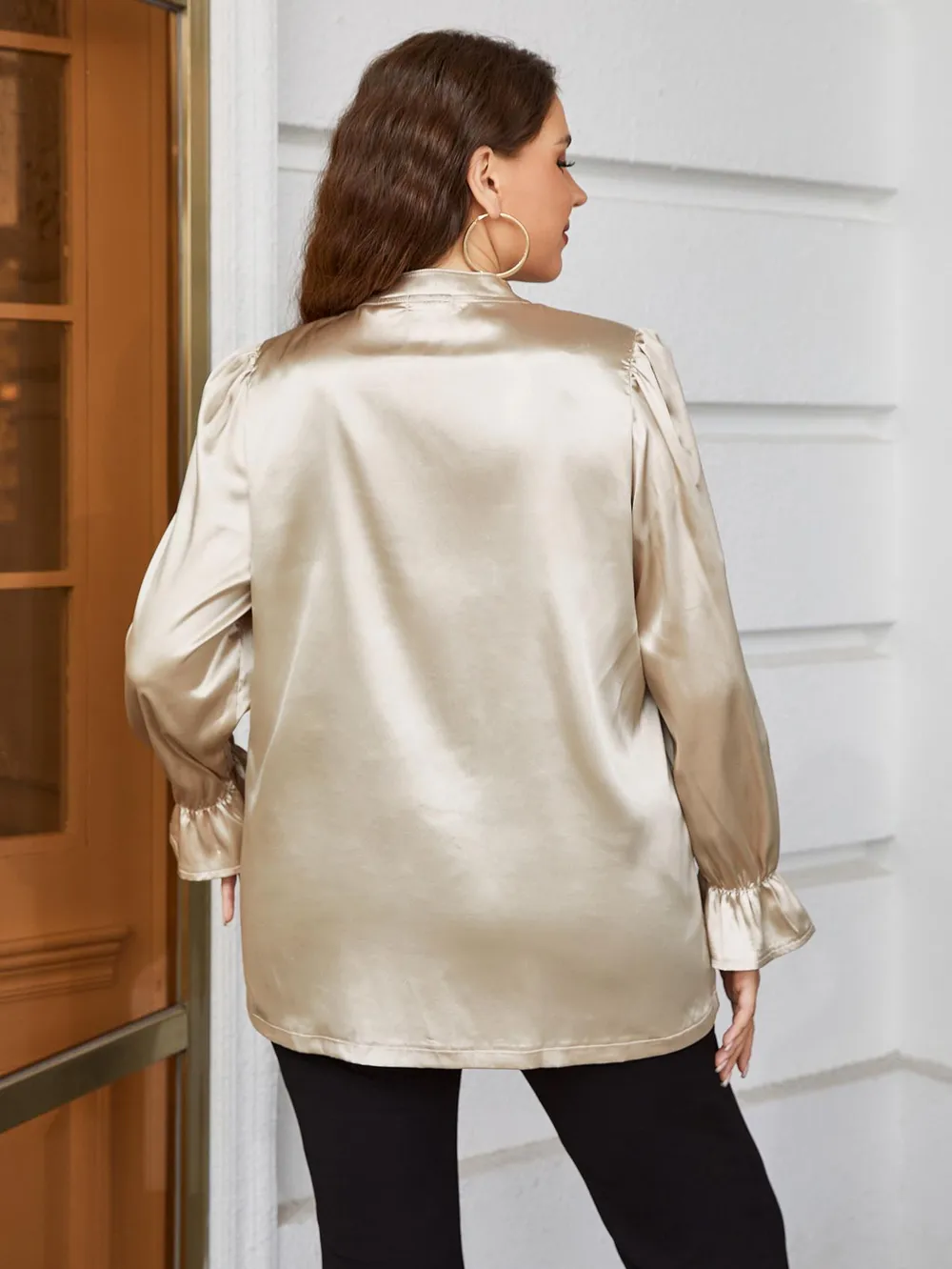 Plus Size Flounce Sleeve Band Collar Shirt, image 2
