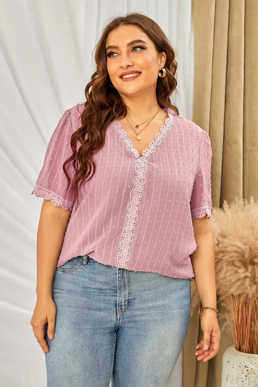 Plus Size Swiss Dot Spliced Lace V-Neck Blouse, image 12