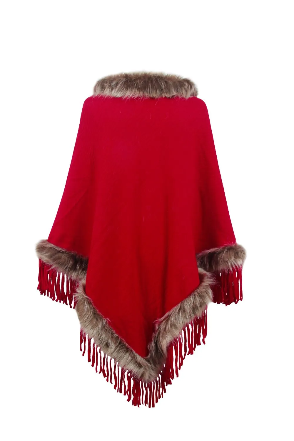 Faux Fur Trim Fringed Poncho, image 10