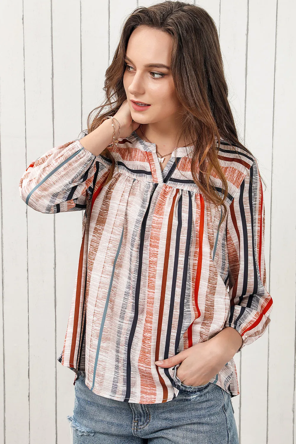 Multicolored Stripe Notched Neck Top, image 5