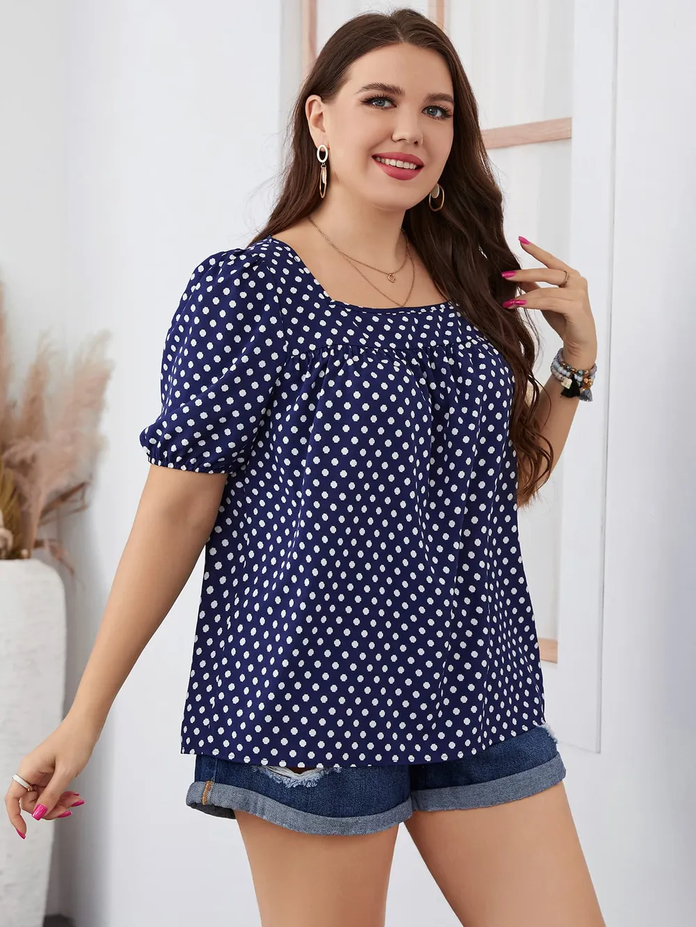 Plus Size Polka Dot Square Neck Blouse, image 5