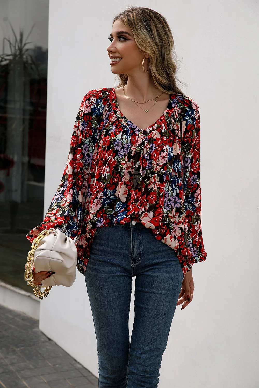 Floral Print Balloon Sleeve Ruched Blouse, image 3