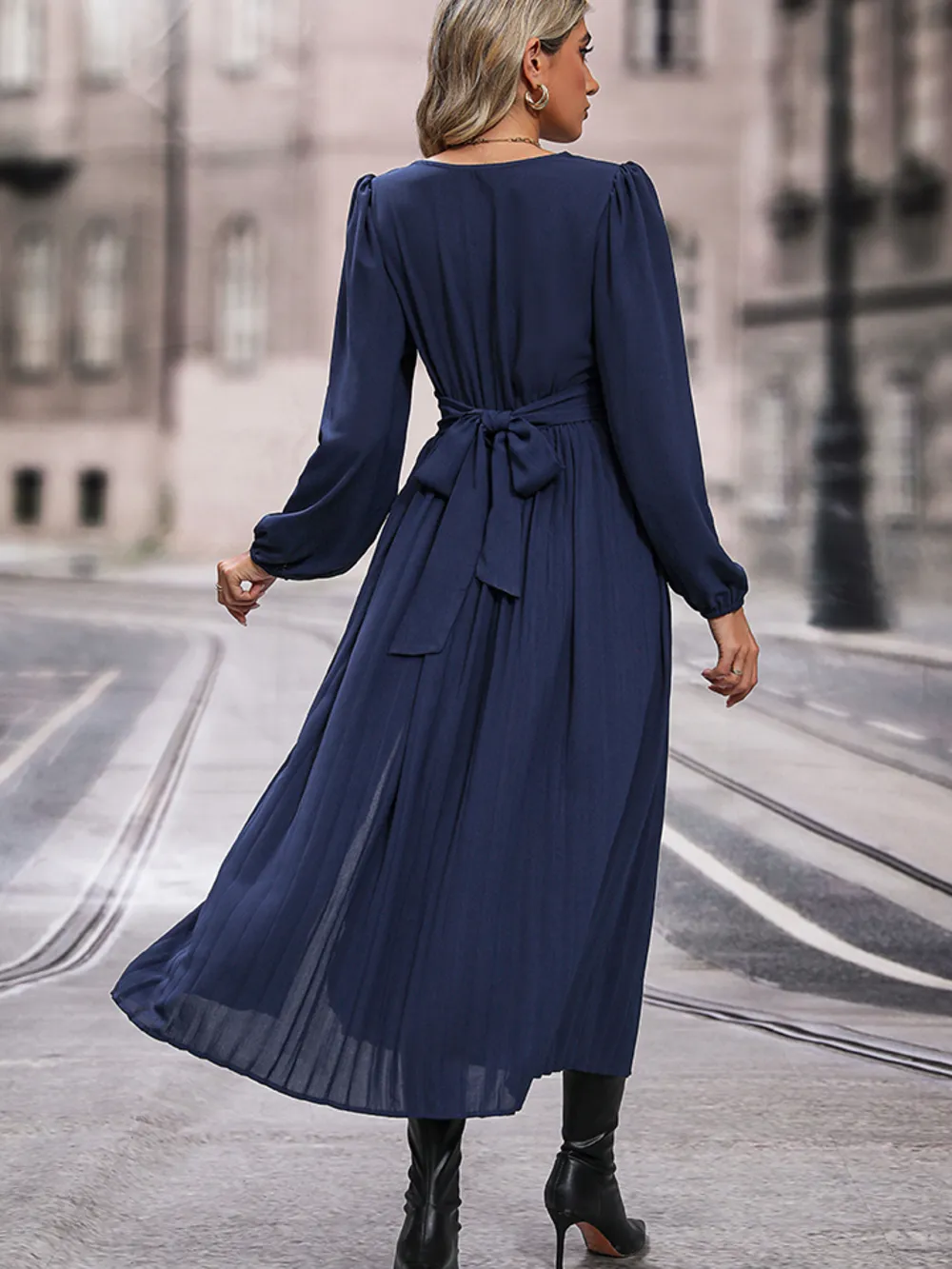 V-Neck Long Sleeve Pleated Slit Dress, image 4