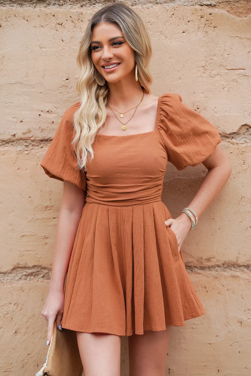 Square Neck Pleated Romper with Pockets, image 8