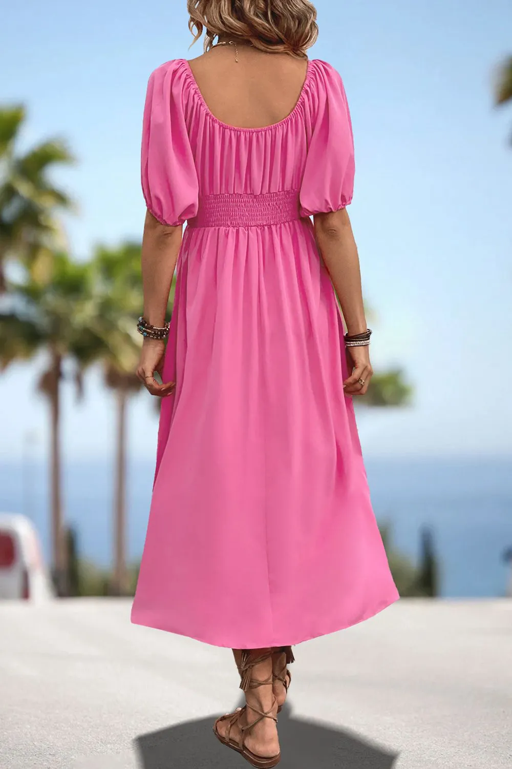 Square Neck Smocked Waist Puff Sleeve Midi Dress, image 11