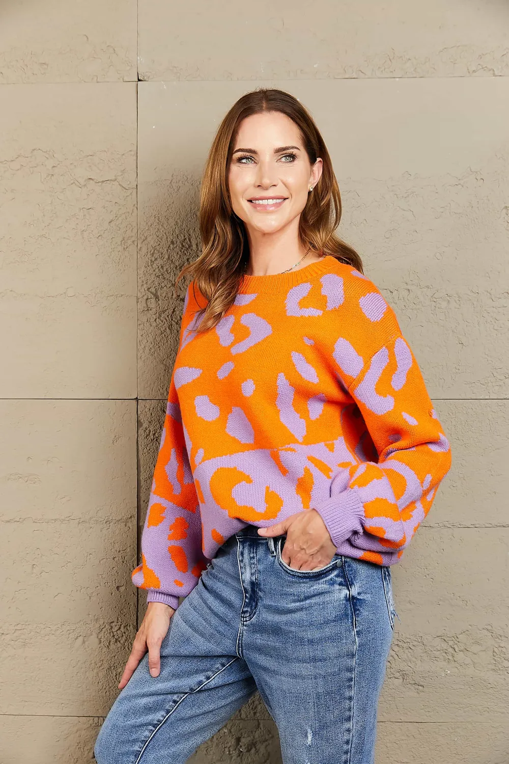 Leopard Round Neck Dropped Shoulder Sweater, image 4