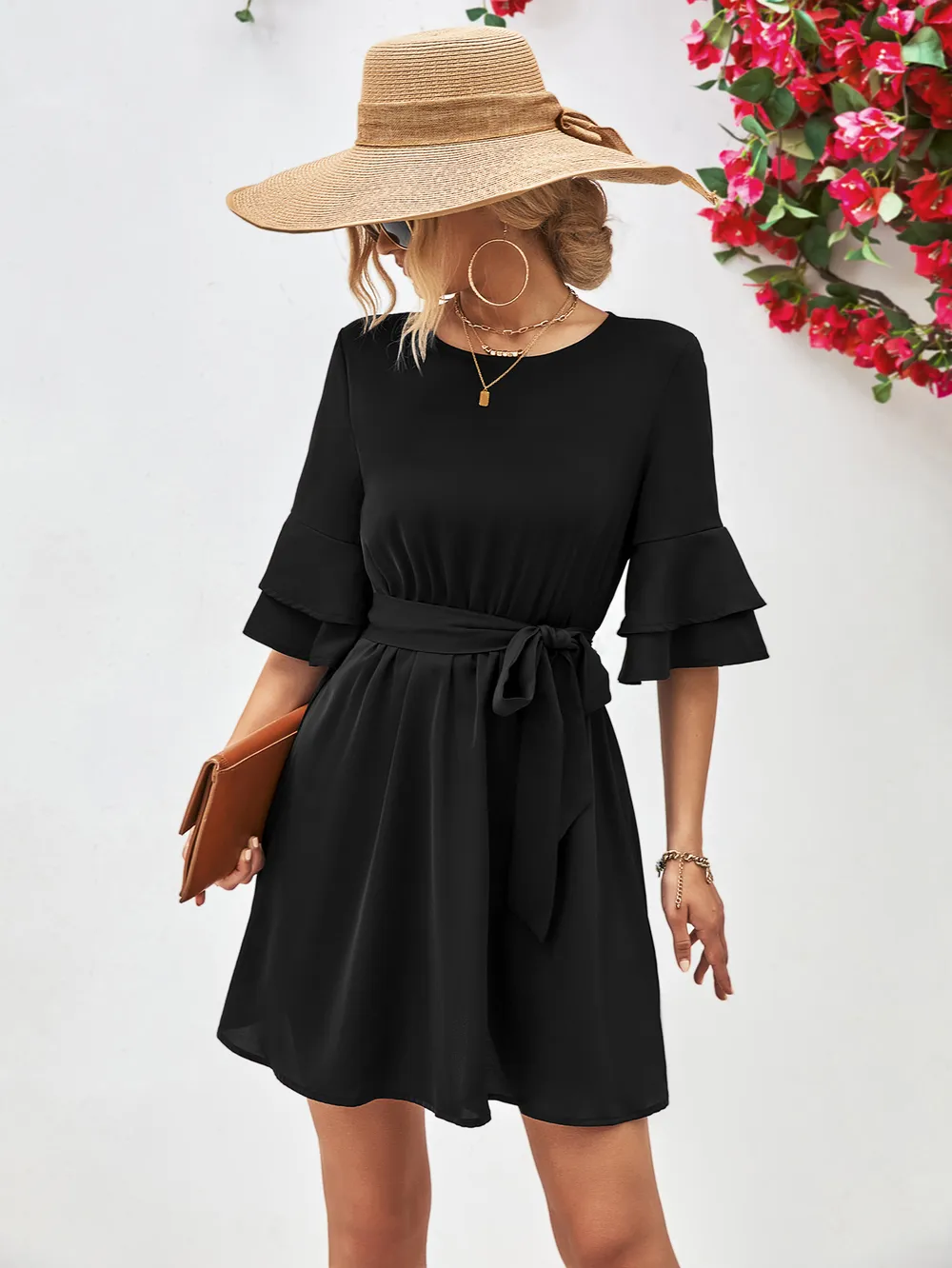 Round Neck Tie Belt Flounce Sleeve Dress, image 10