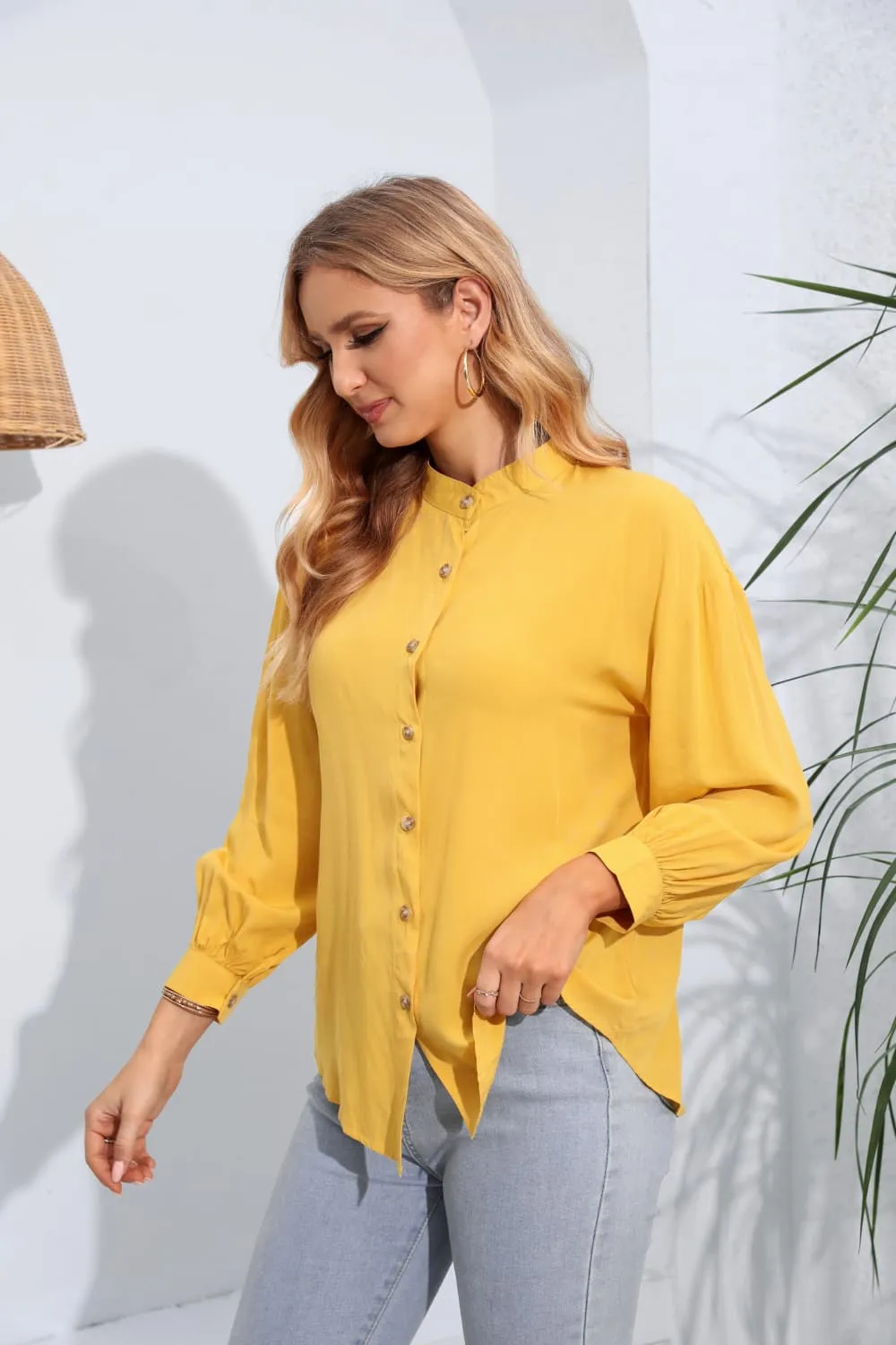 Mock Neck Buttoned Long Sleeve Shirt, image 9