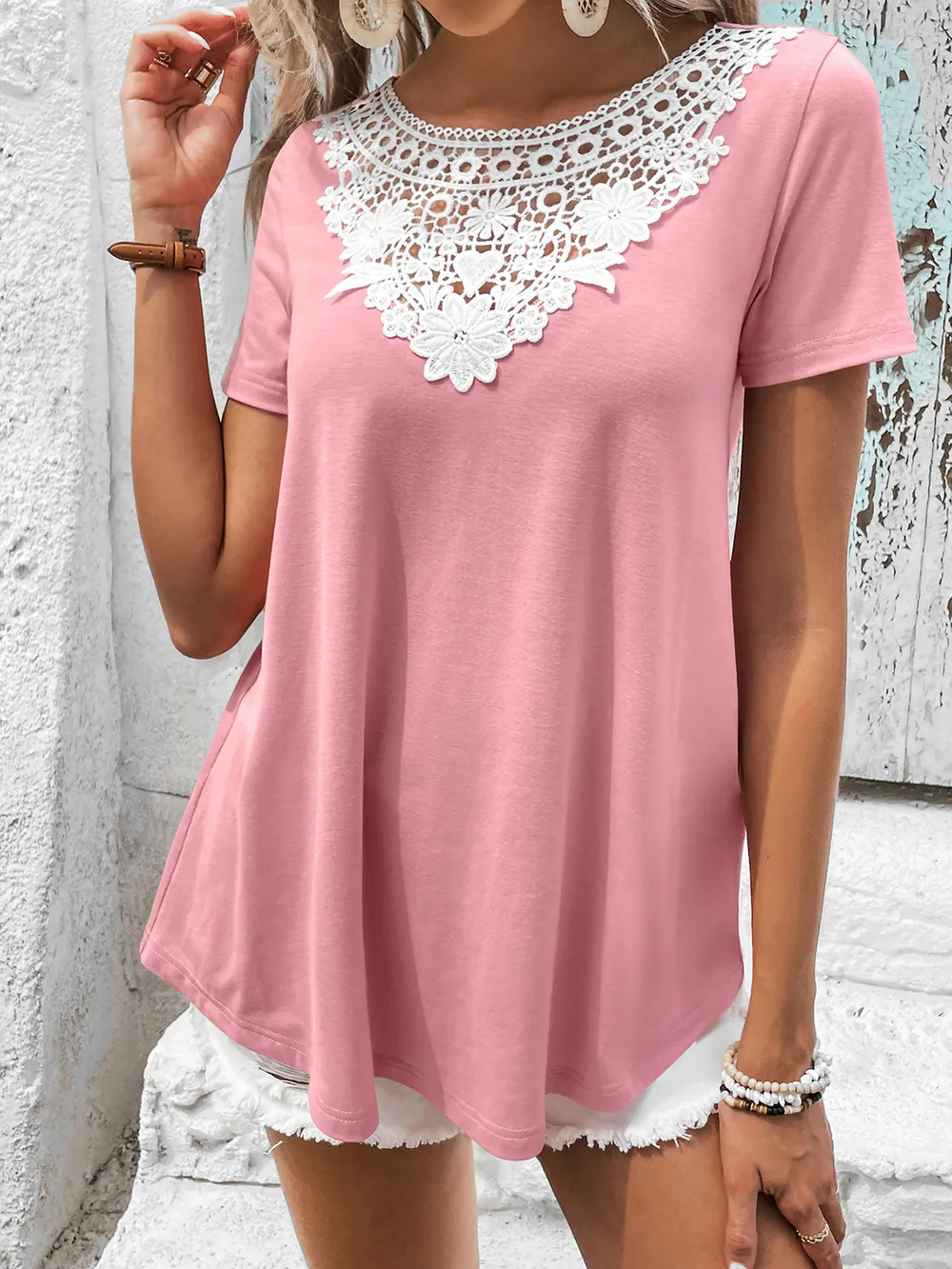 Spliced Lace Contrast Short Sleeve Top, image 5
