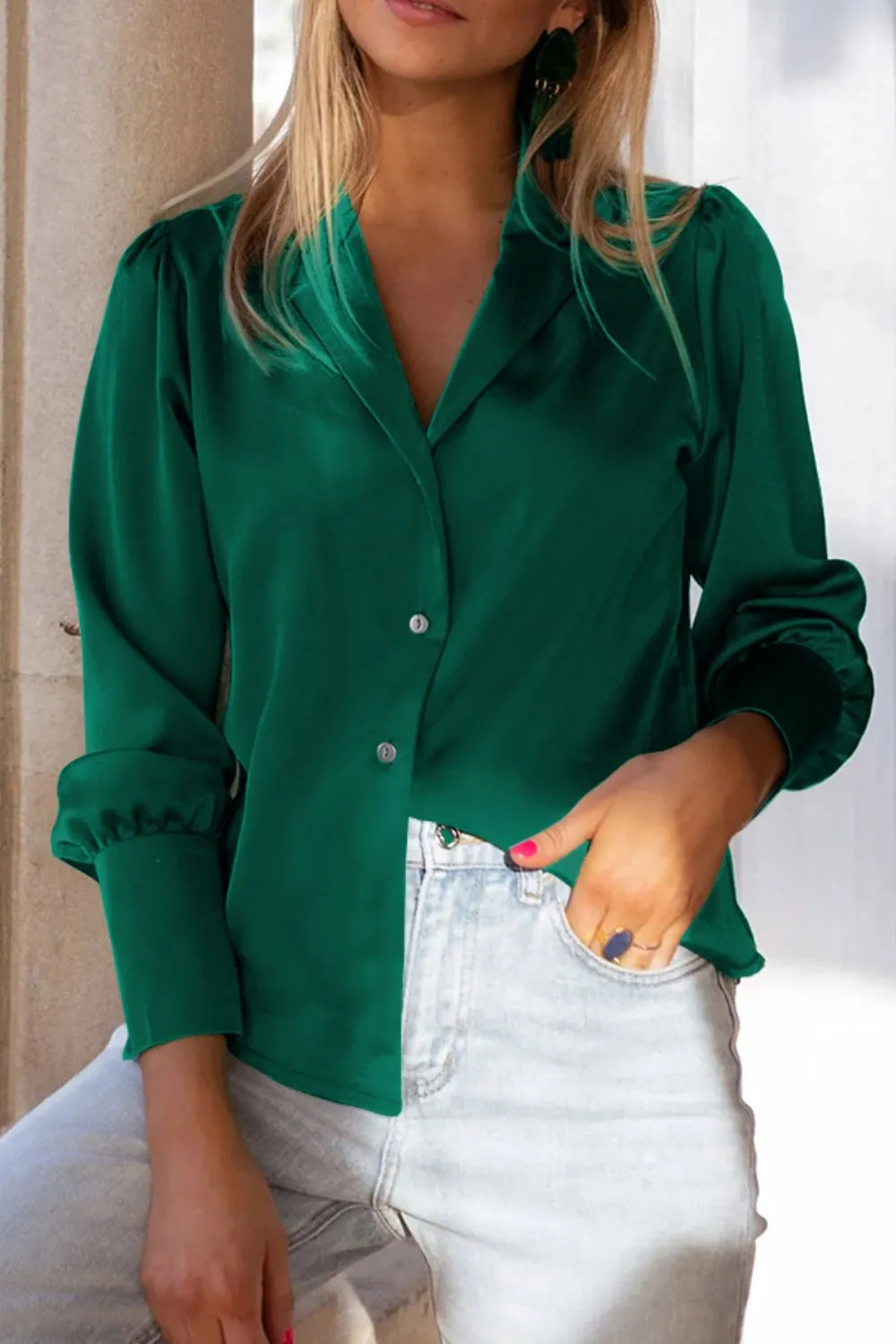 Lapel Collar Buttoned Puff Sleeve Shirt, image 8