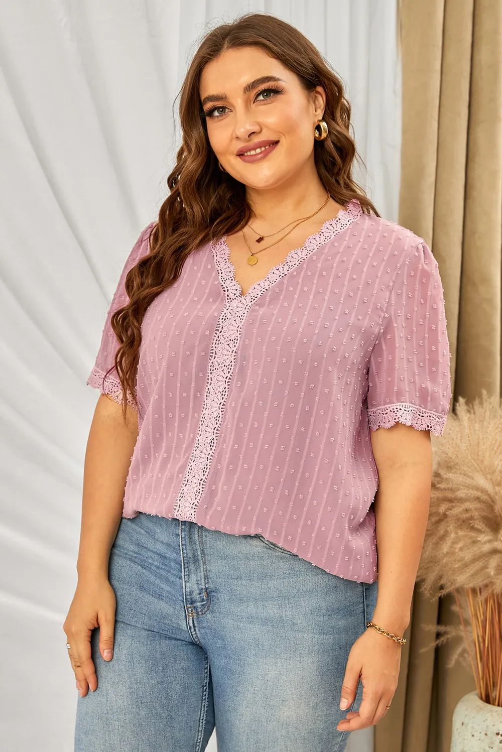 Plus Size Swiss Dot Spliced Lace V-Neck Blouse, image 13