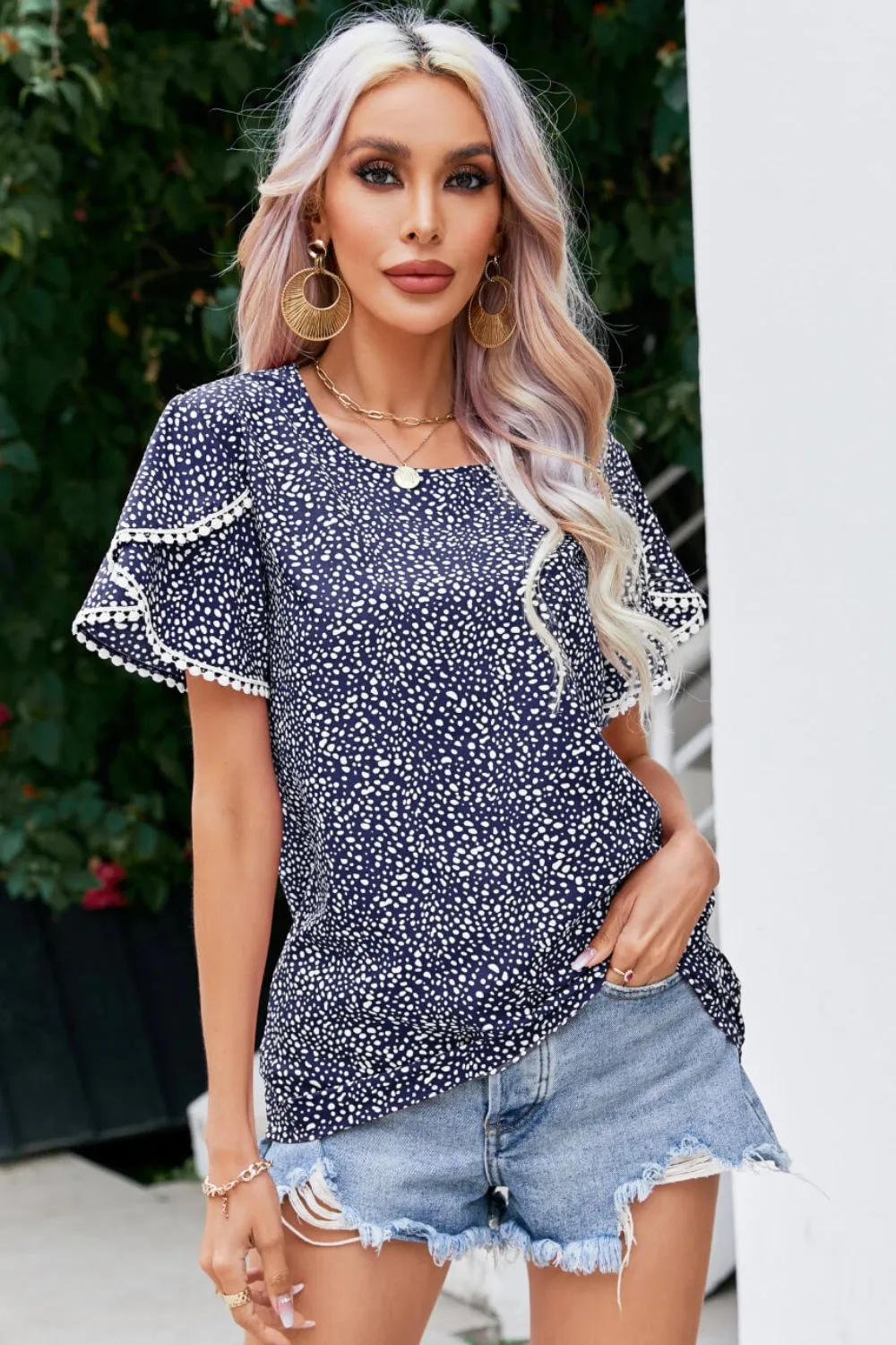 Printed Pom Pom Detail Petal Sleeve Blouse, image 5
