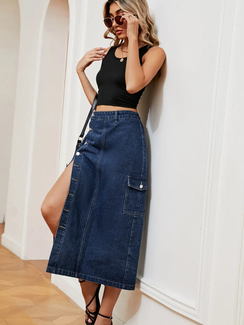 Button Down Midi Denim Skirt, image 8