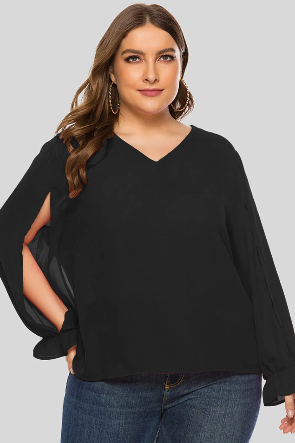 Plus Size Cutout Flounce Sleeve Blouse, image 2