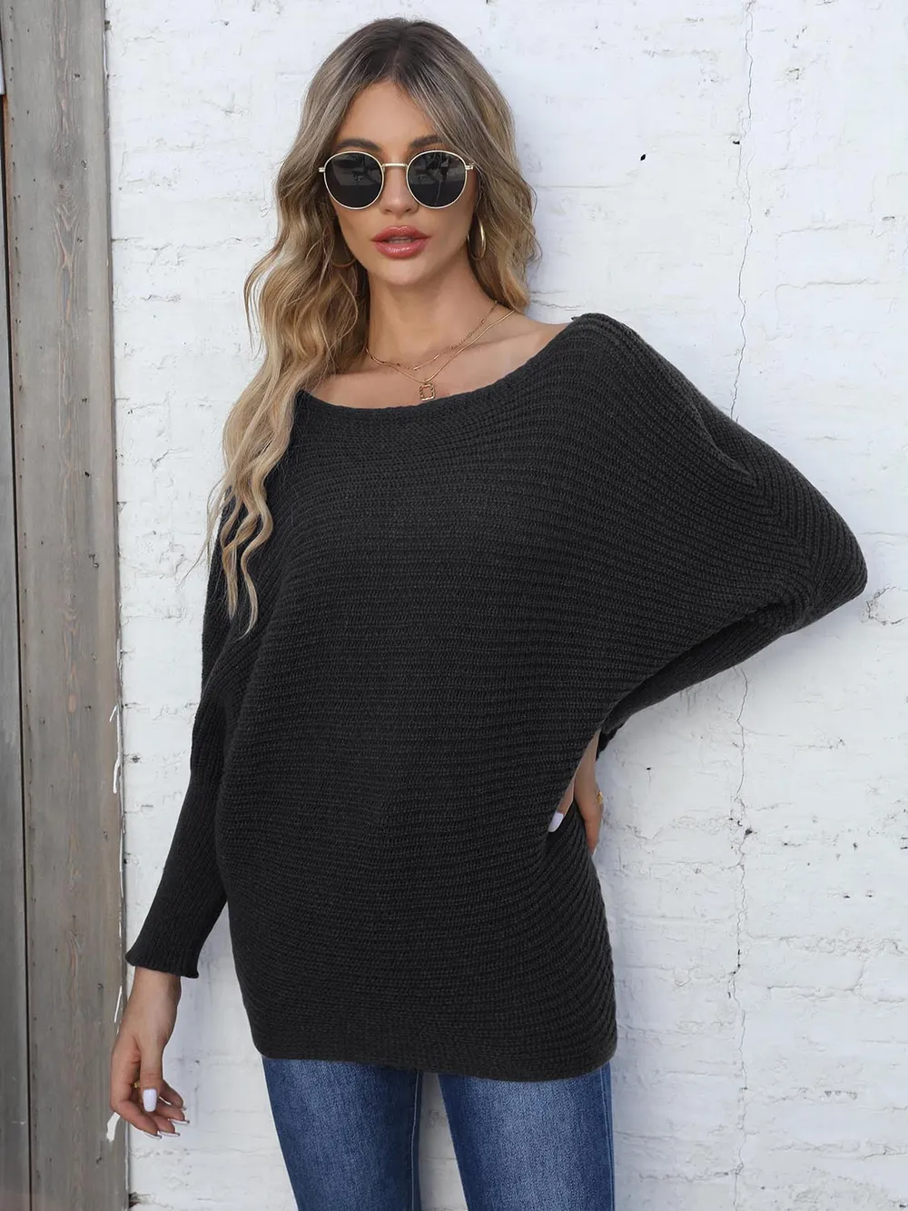 Full Size Horizontal Ribbing Dolman Sleeve Sweater, image 5