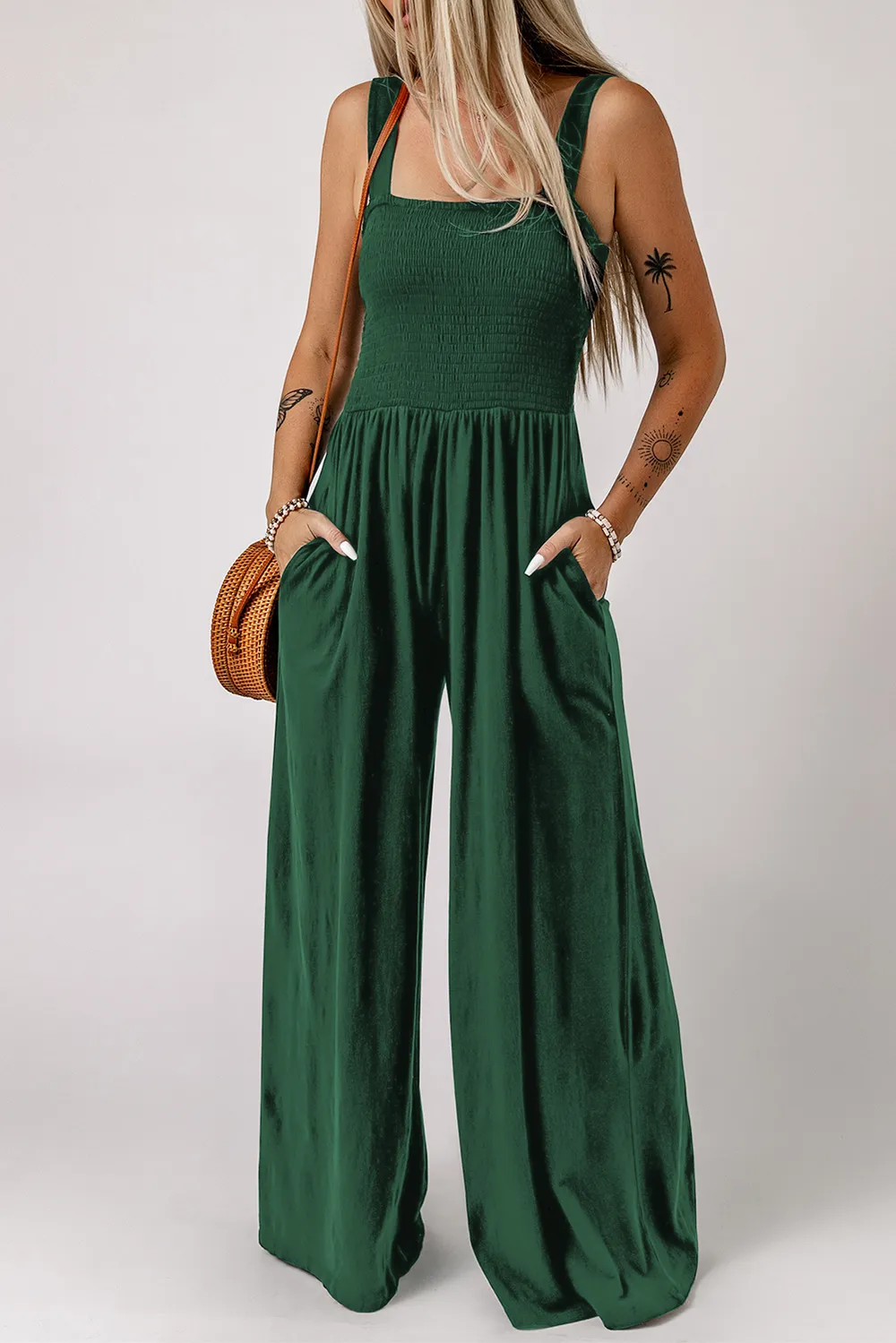 Smocked Square Neck Wide Leg Jumpsuit with Pockets, image 14