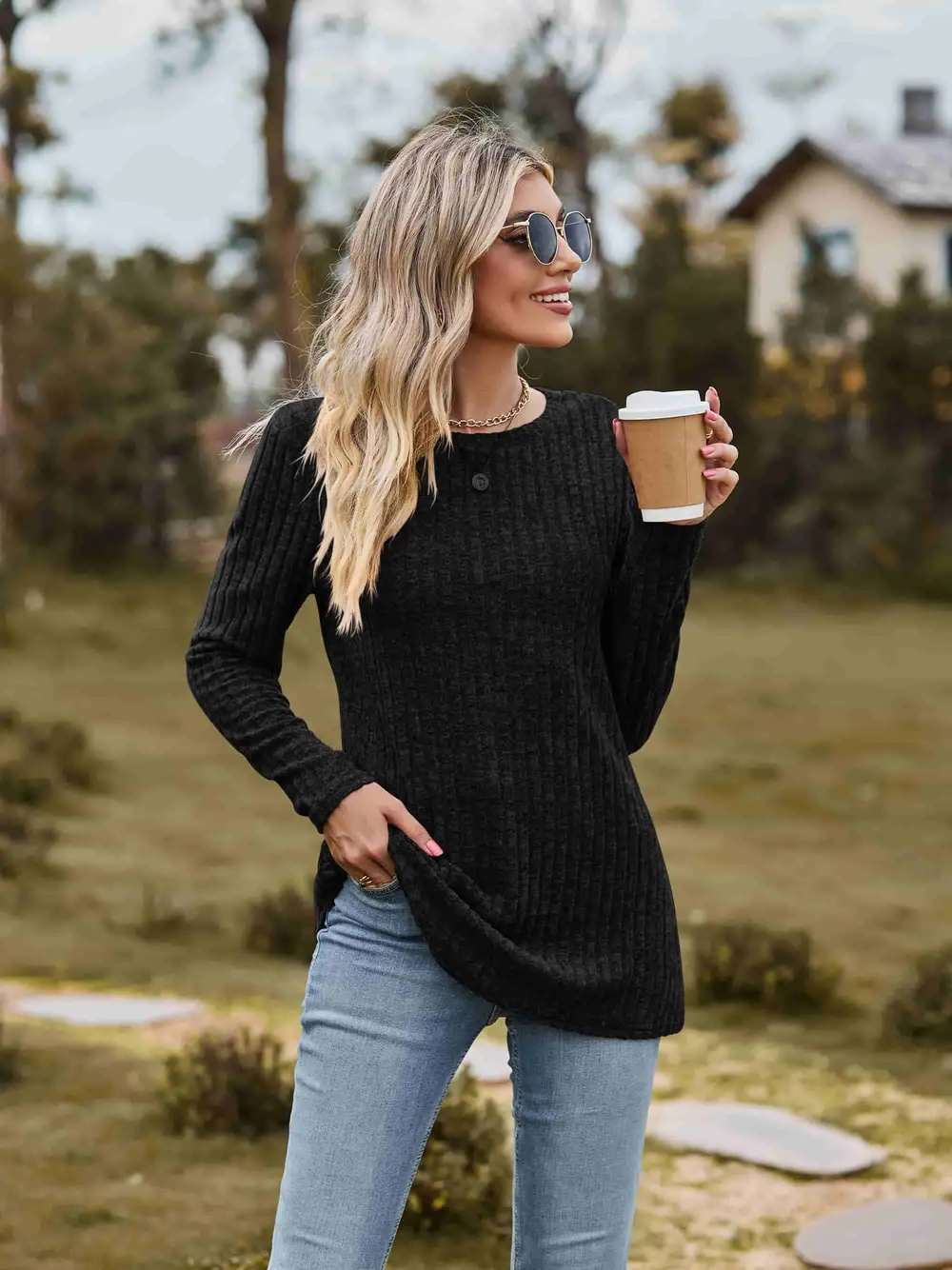 Ribbed Round Neck Long Sleeve Tee, image 23