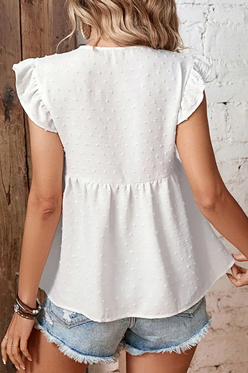 Swiss Dot Tie-Neck Flutter Sleeve Peplum Blouse, image 3