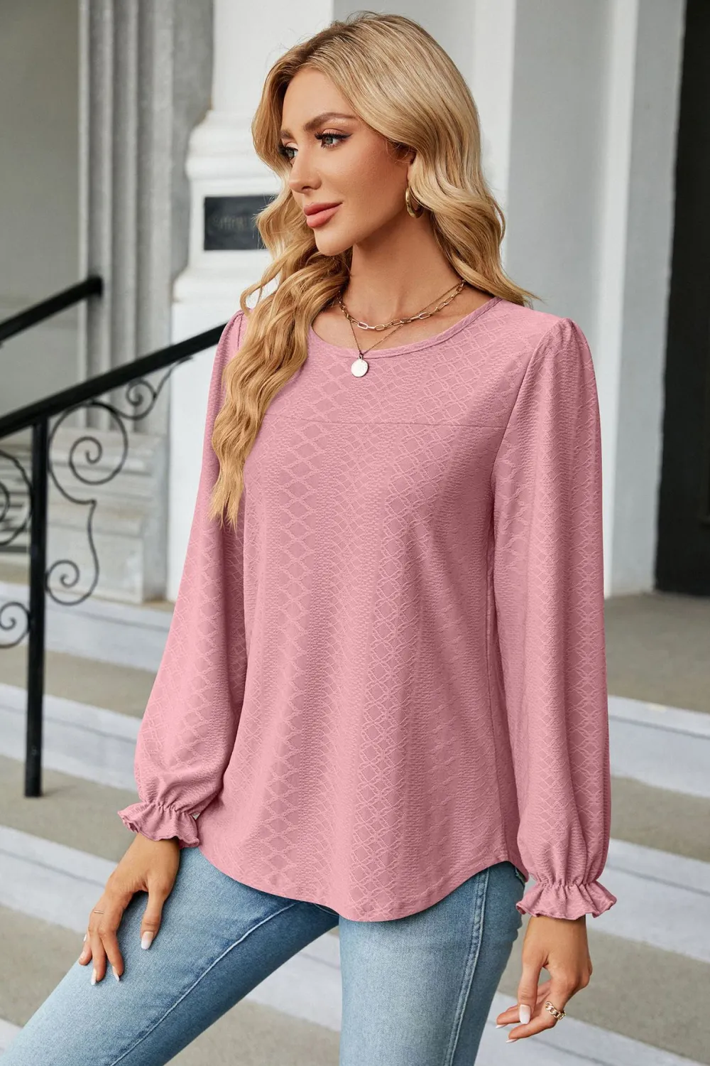 Round Neck Flounce Sleeve Blouse, image 4