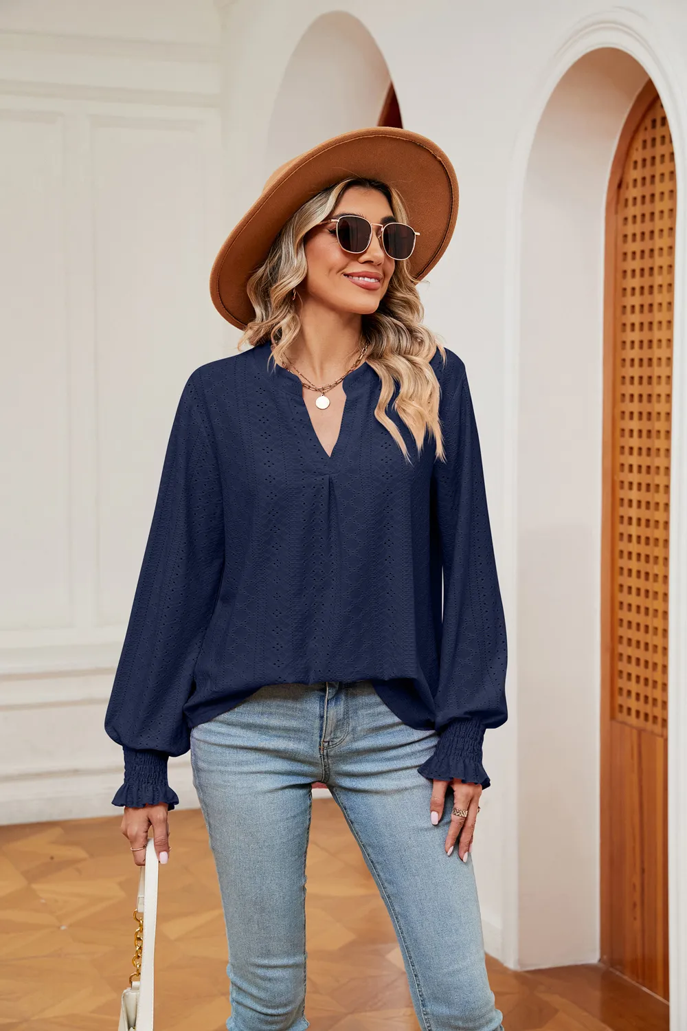Notched Neck Flounce Sleeve Blouse, image 9