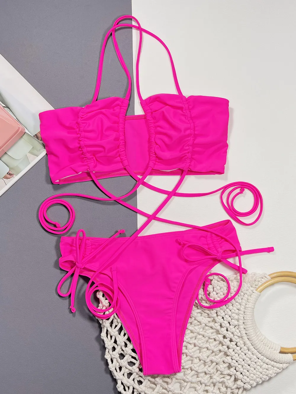 Halter Neck Drawstring Detail Bikini Set, image 3