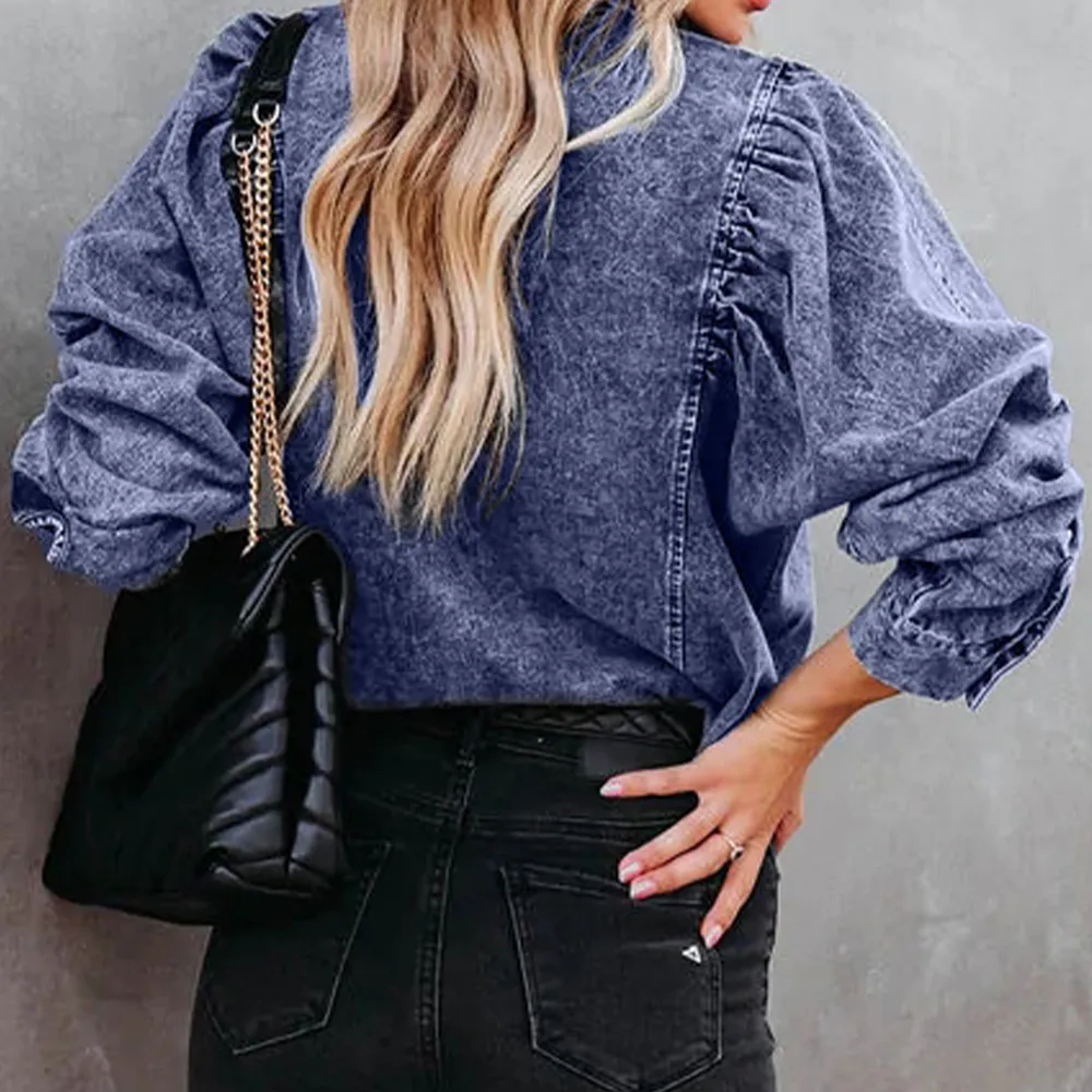 Collared Neck Buttoned Denim Shirt, image 5