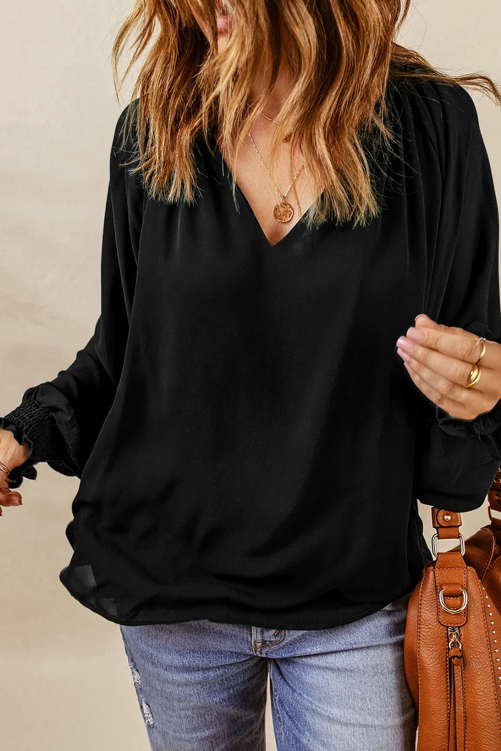 Notched Neck Lantern Sleeve Blouse, image 17
