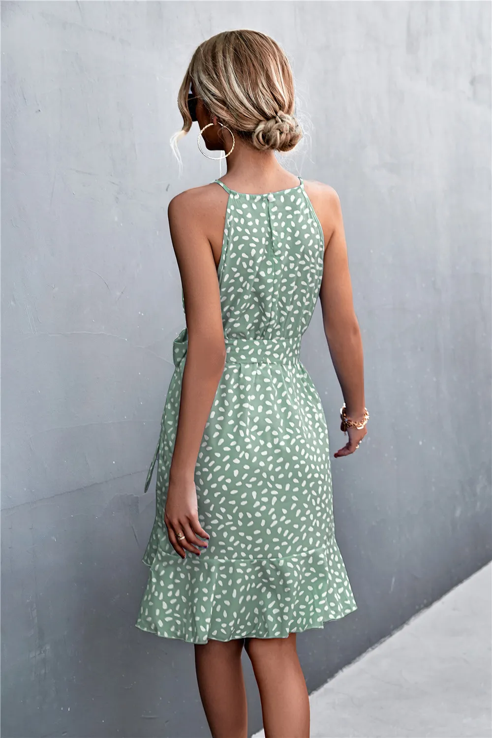 Printed Tie Waist Ruffle Hem Sleeveless Dress, image 6