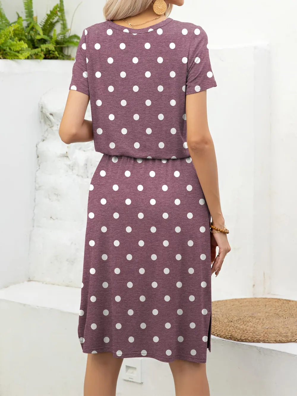 Round Neck Short Sleeve Slit Dress with Pockets, image 14