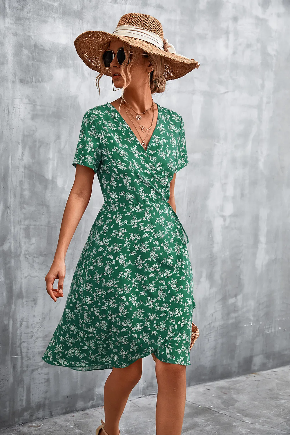 Floral Surplice Neck Flutter Sleeve Dress, image 12